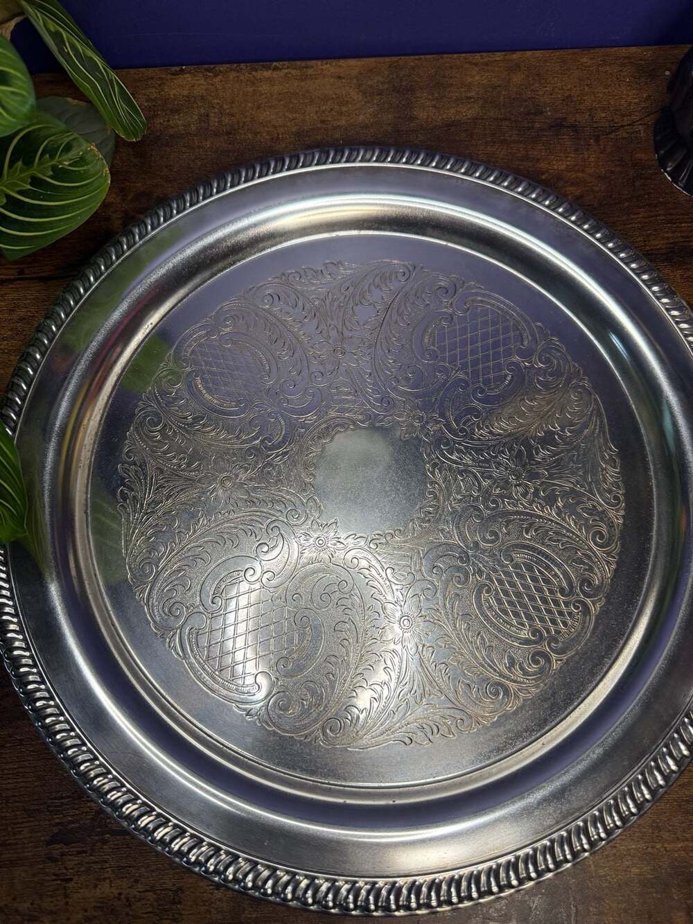 Vintage Silver Plate Round Serving Tray with Etched Floral Design&Rope Edge